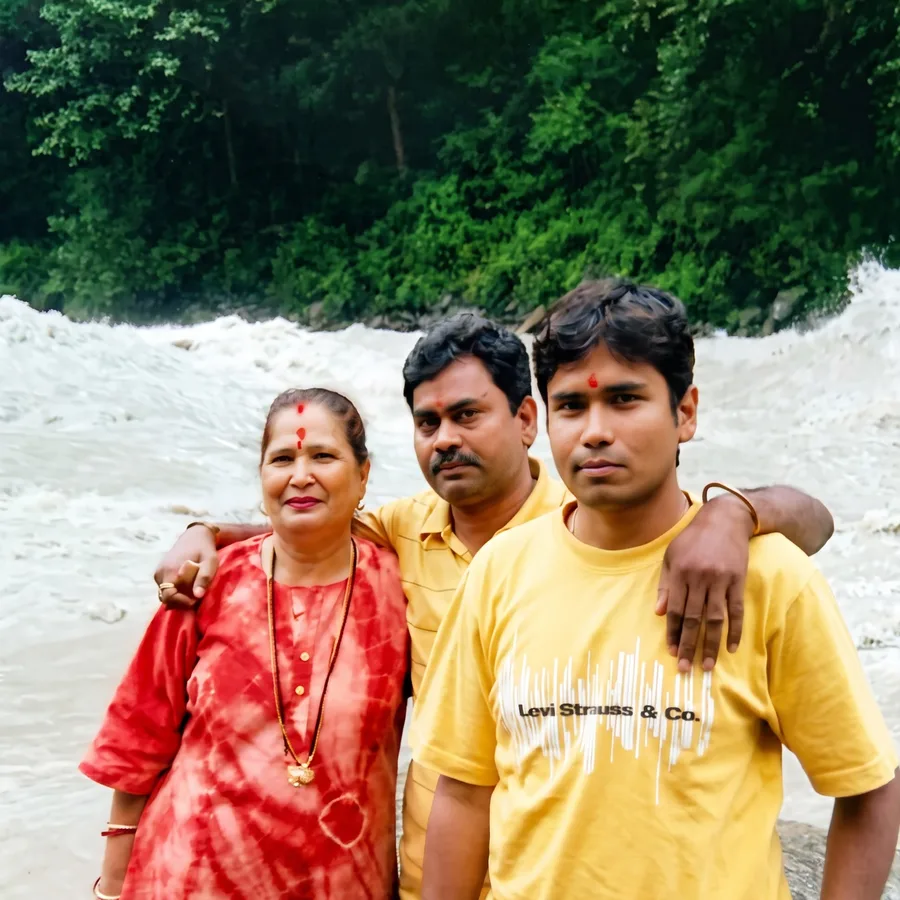 Young Lavi with his parents by a river in spate