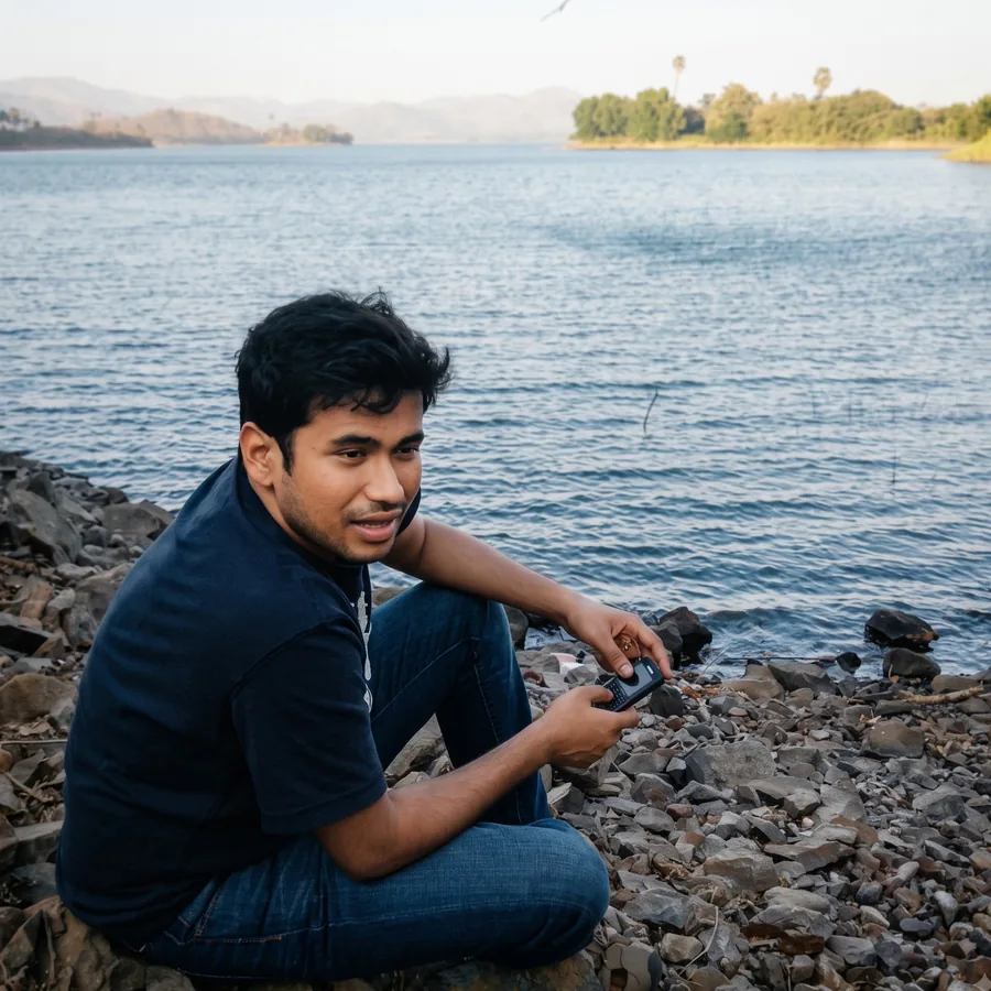 Lavi sitting on the rocks by a lake in Mumbai