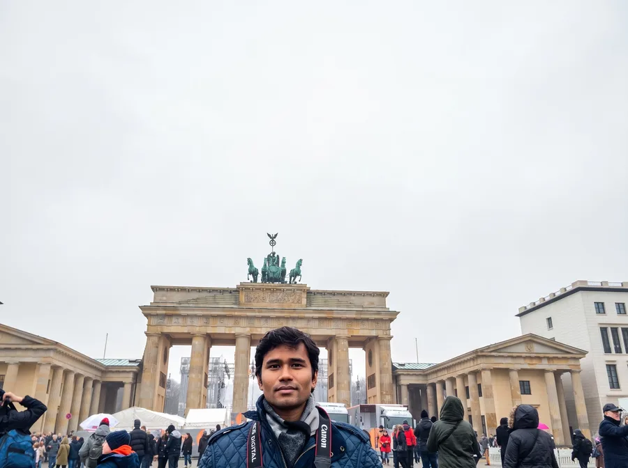 Lavi stands in front of the Brandenburg Gate with a camera around his neck.