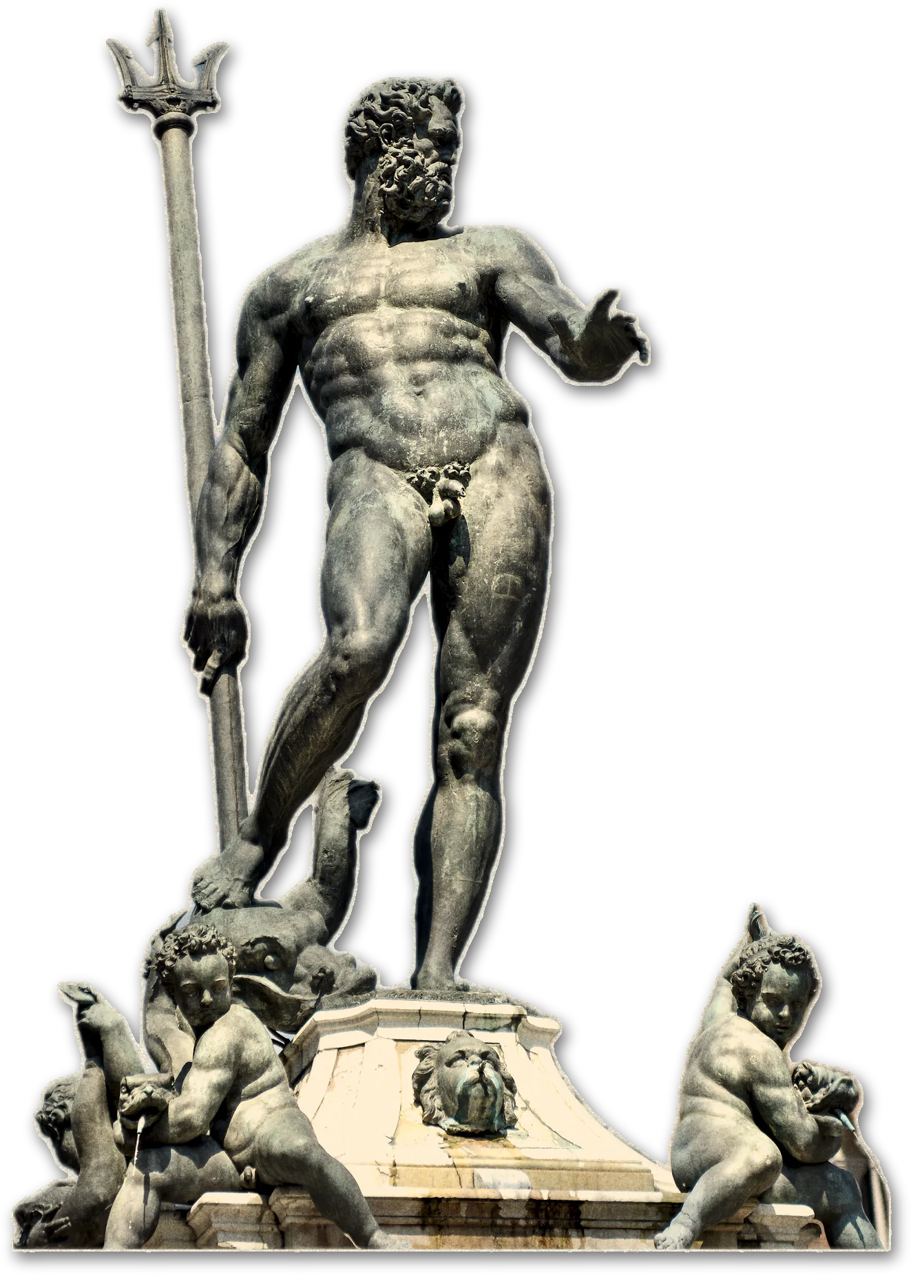 Giambologna's bronze Neptune with his trident on the fountain in Bologna, cut out