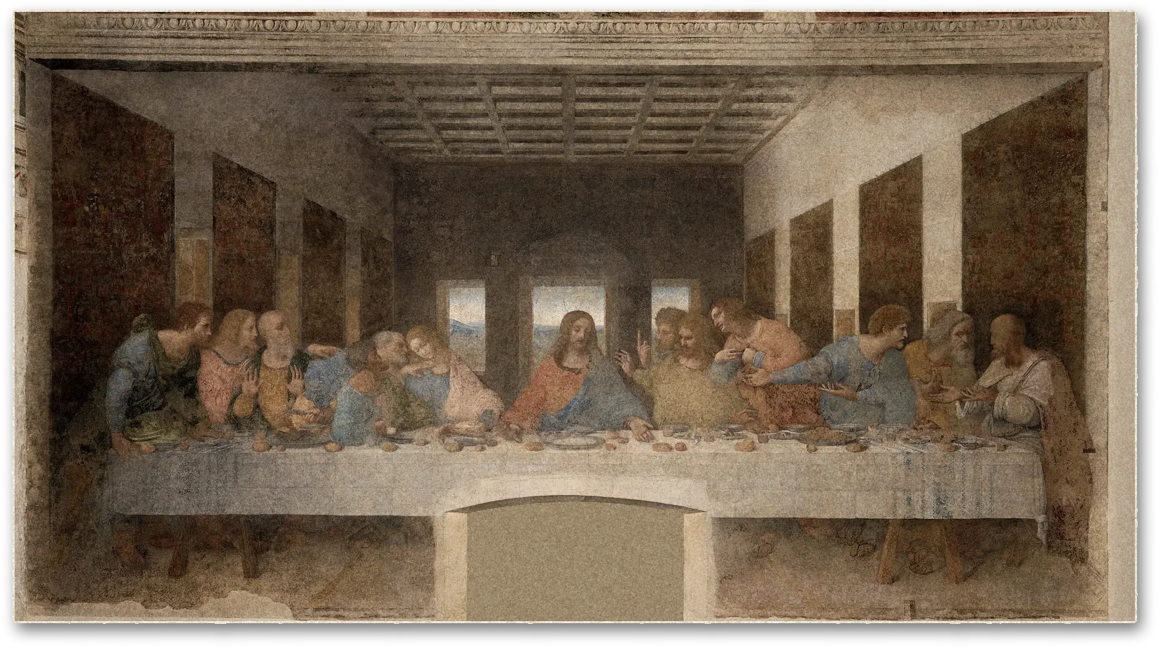Leonardo's Last Supper: Christ at the centre of a long table, six apostles on each side